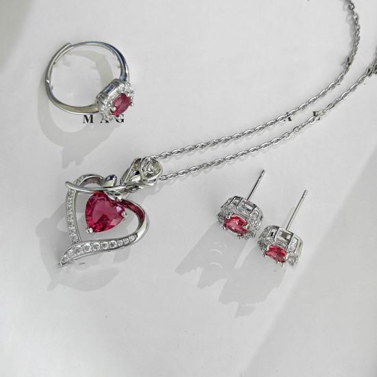 Red Zircon Love Heart Jewelry Set Rhinestone Necklace Stud Earrings Ring Set Romantic Accessories for Birthday Valentine's Day Gift