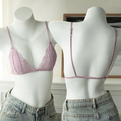 Damen BH im französischen Stil mit Spitzen-Triangel-Cups, Bügellos, Lift-Effekt, Sommer, Ultradünn, mit Trägern, Vorderverschluss