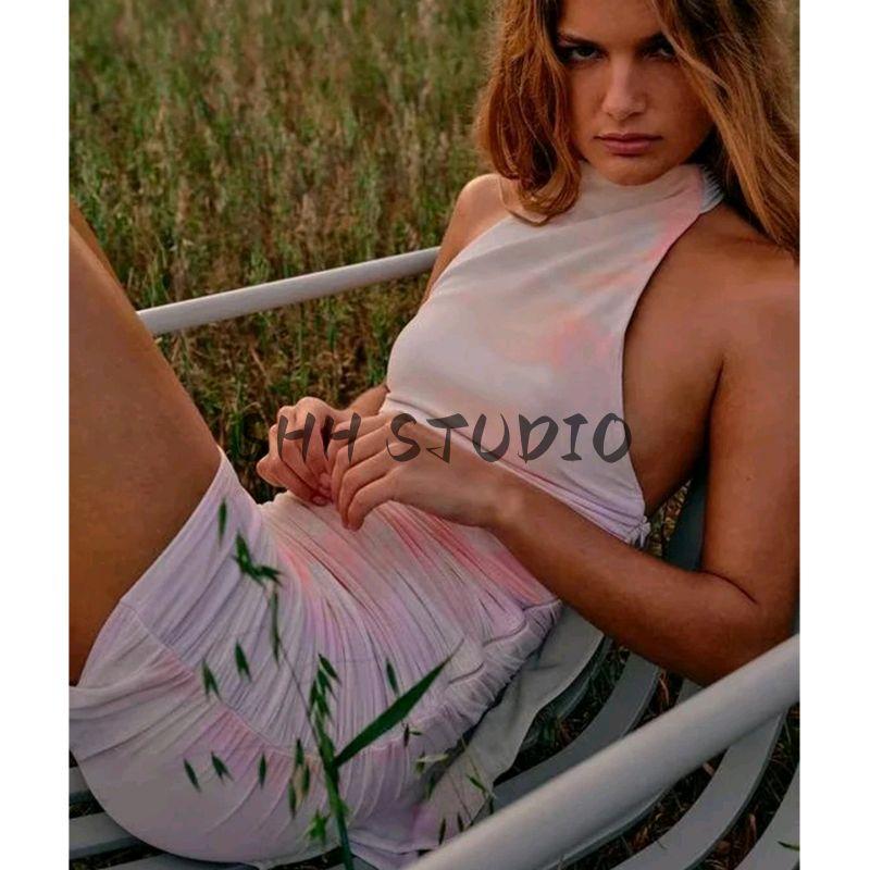 Summer New Product Women Clothes French Style Design Sense Neck Collar Backless Print Silk Net Short Dress 3071001