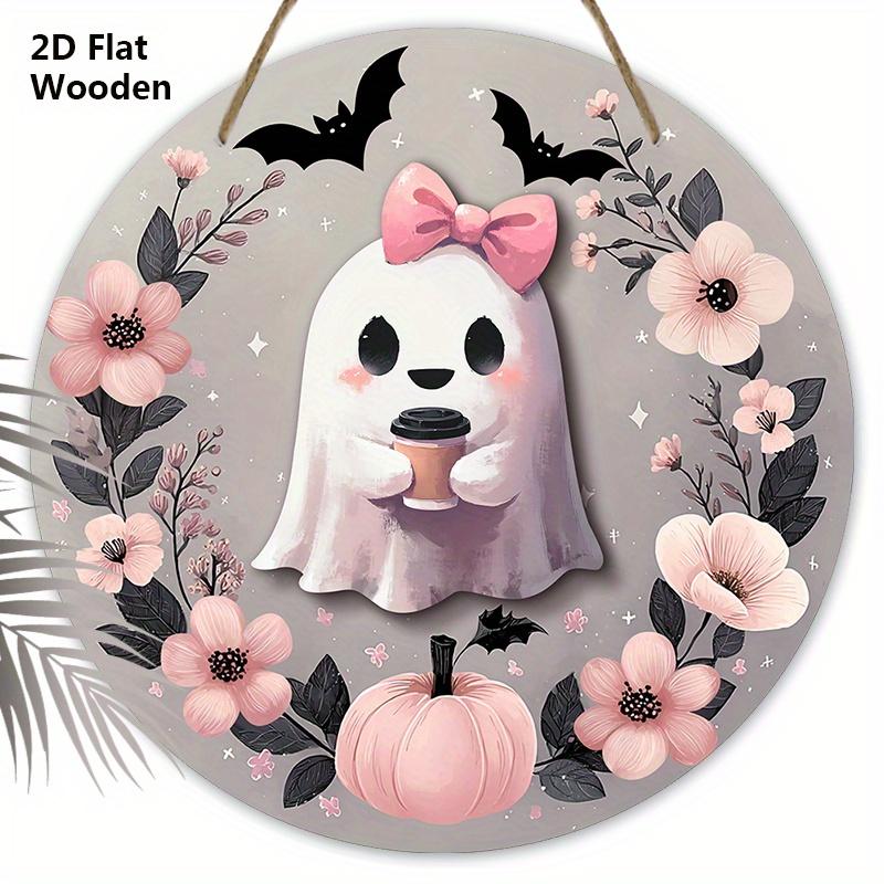 

Pink Wooden Halloween Sign with Adorable Ghost Pattern Design - Unique Wall Pediments - Ideal for Front Door, Yard, Porch, Room Decor 20cm/7.87in розовый