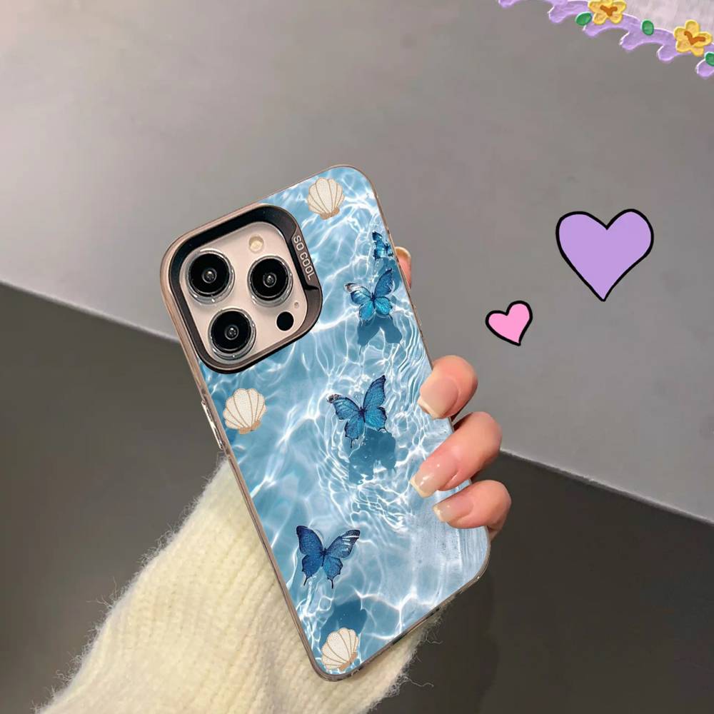 Blue Butterfly Ocean Waves Phone Case For iPhone 17 16 15 14 13 12 11 XS XR X Pro Max Plus Colored Silver Plated Cover
