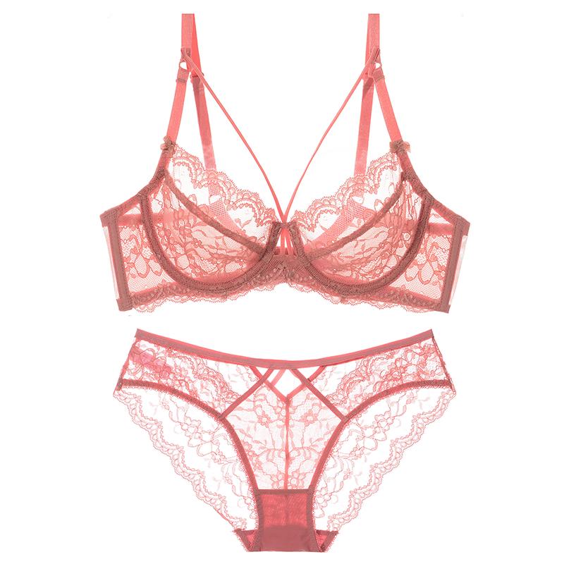 Plus Size Pink Lace Lingerie Set: Transparent, Minimizing & Ultra-Thin Bra for a Sexy Look