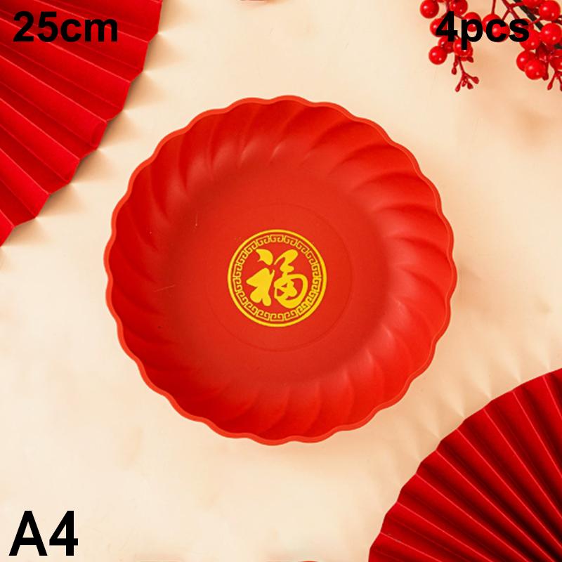 4Pcs Red Wedding Snack Tray Round Plastic Chinese  Year Nut Fruit Plate Chinese Thickened Serving Tray Entertainment
