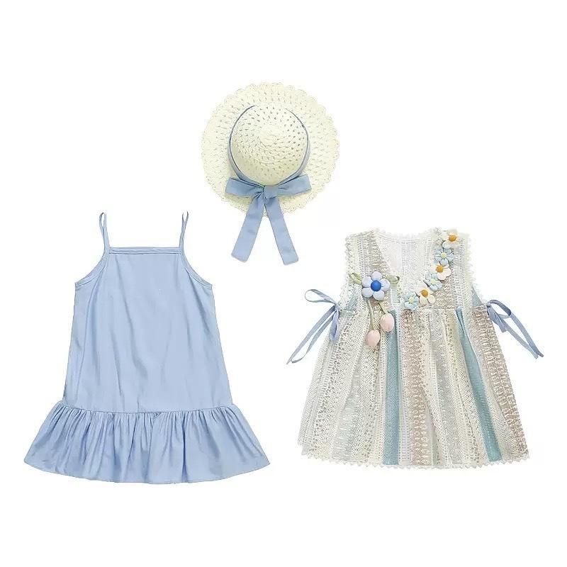 Girls Boho Strap Dress Summer Set with Sun Hat 90