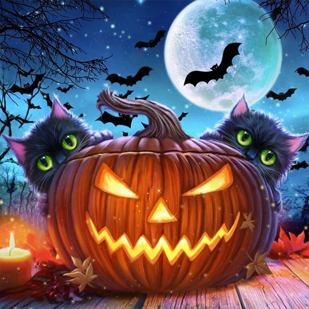 5D DIY Full Round Drill Diamond Painting Halloween Cat Pumpkin Kit Home Decor