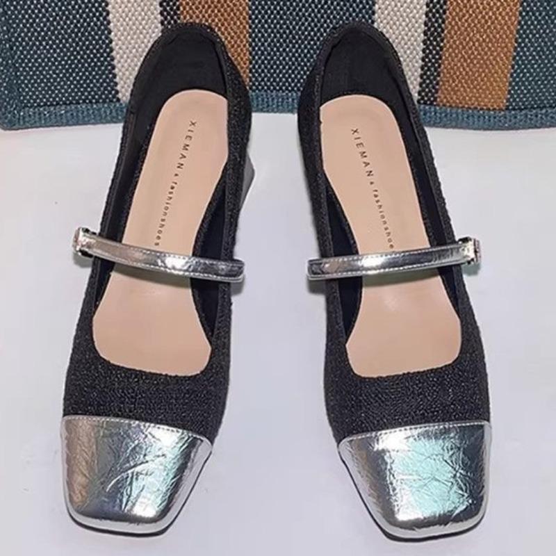 

Colorblock Square Toe Kitten Heel One Strap Mary Jane Women s Shoes New Block Heel Single Shoes 34 чёрный
