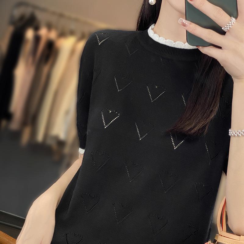 Lace Round Neck Hollow Knitted Sweater Short Sleeve Women's Summer Latest Stylish Loose Versatile T-shirt Contrasting Top