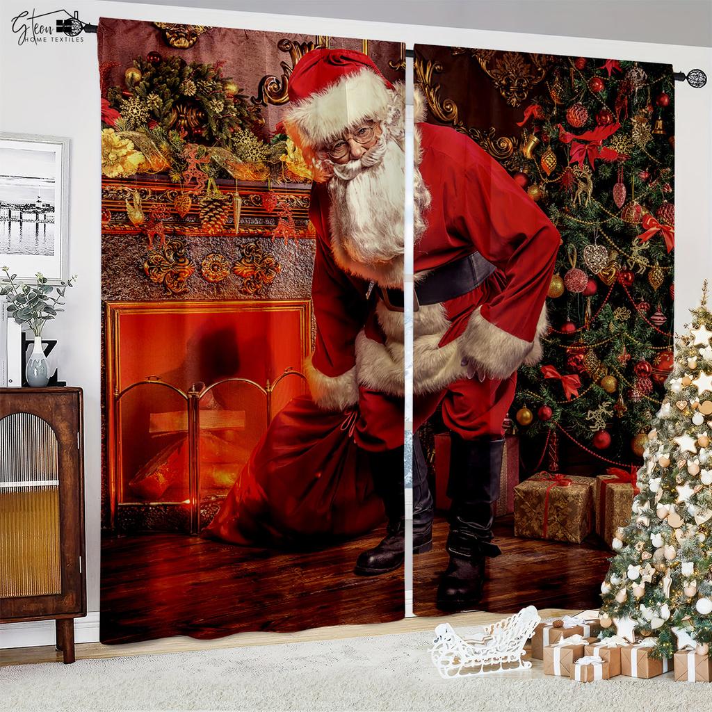 Christmas 3D Printed Curtains Christmas Tree Santa Pumpkin Carriage Gift Living Room Children's Room Holiday Decoration Curtains