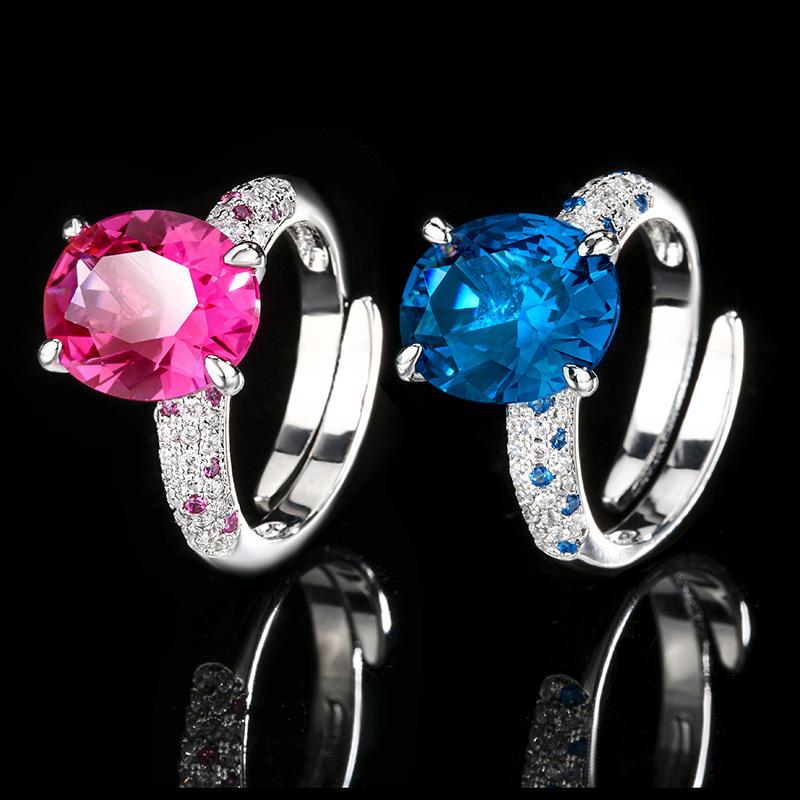 Jewelry Copper Bottom Gold-Plated Simulation Red Corundum Blue Spinel Jumping Color Egg Ring 10 * 12