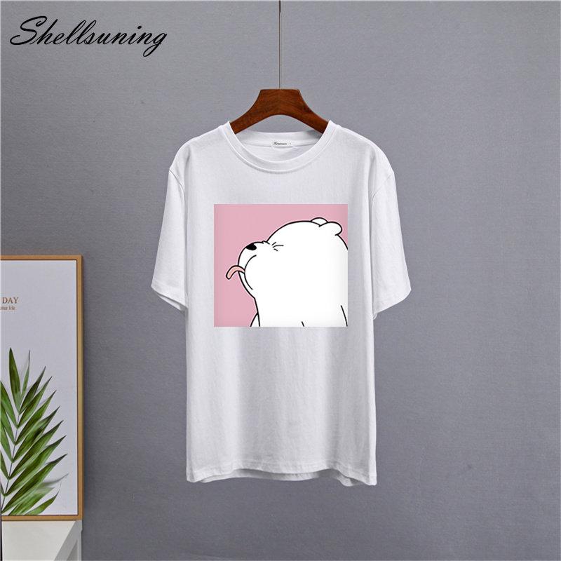 Shellsuning Summer Cute Printed Cotton T Shirt Women Loose Short Sleeve Trend Tees Female Casual Streetwear All-match Basic Tops