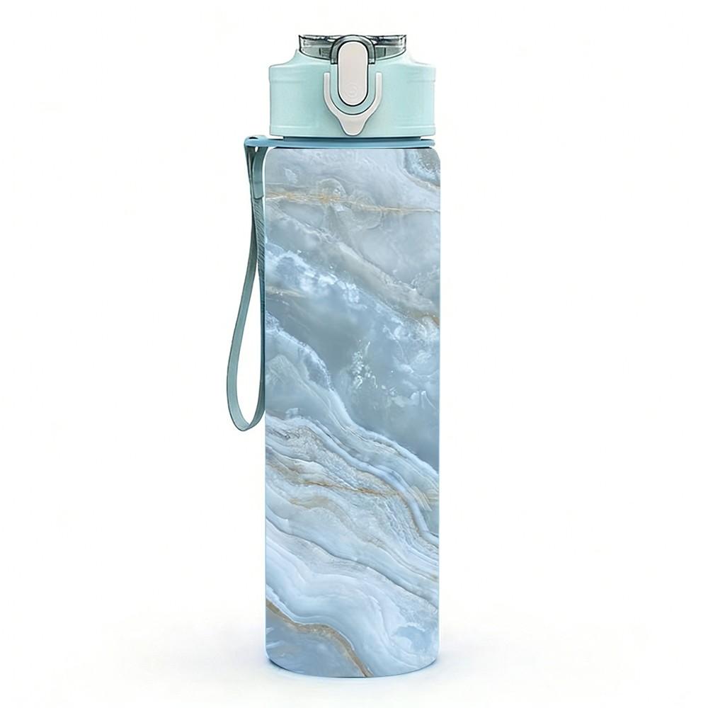 1PC Pale Blue Grey Wavy Marble Texture Background 750ml Color Plastic Sports Water Bottle Leakproof Flip Straw Lid Suitable for Sports Office Home Use