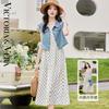French High-end Hong Kong Style Thin Denim Jacket Versatile Polka Dot Suspender Dress Set
