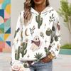 Women Plus Size Cute Cow Cactus Printed White Long Sleeve Drawstring Hoodie Kangaroo Pocket Pullover