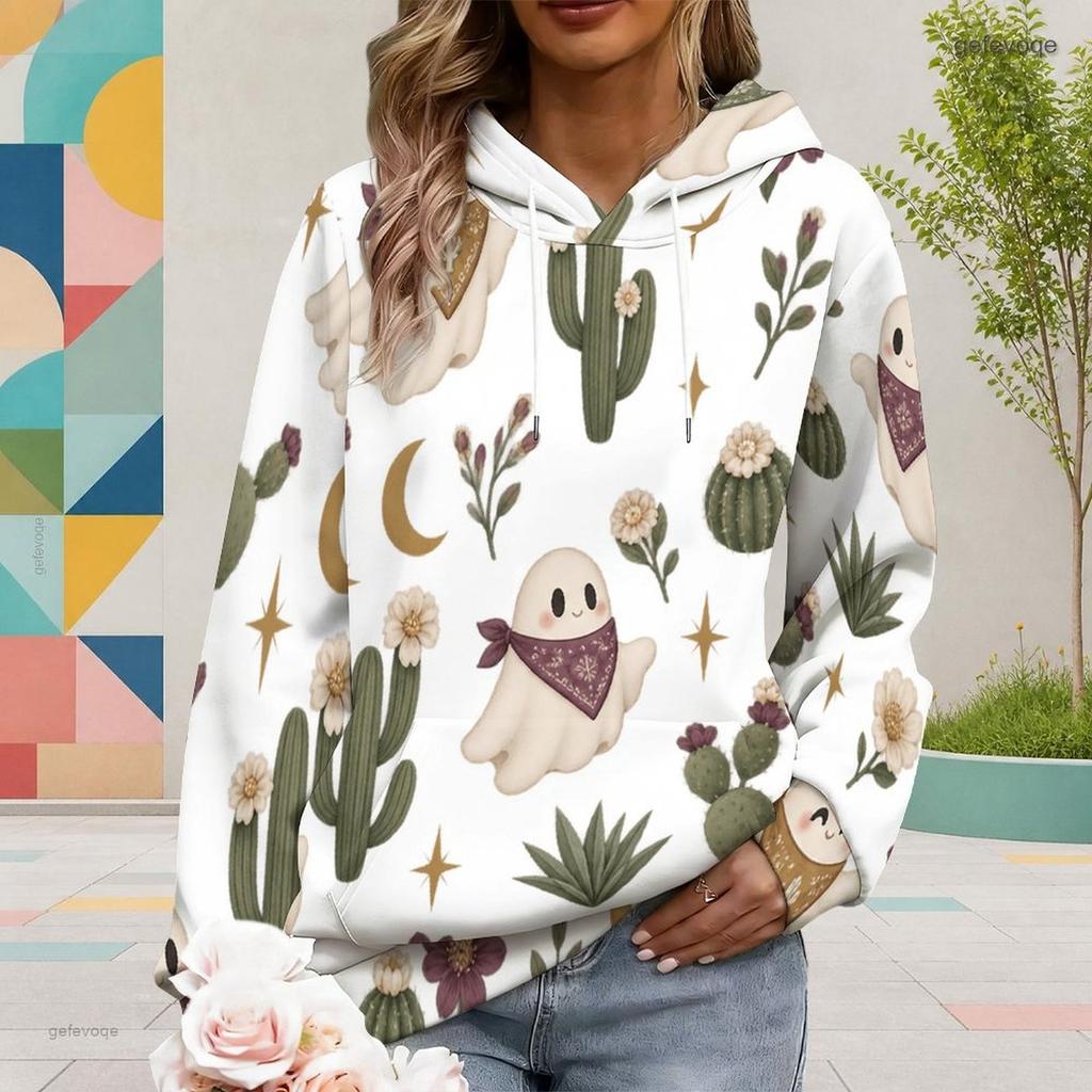 Women Plus Size Cute Cow Cactus Printed White Long Sleeve Drawstring Hoodie Kangaroo Pocket Pullover