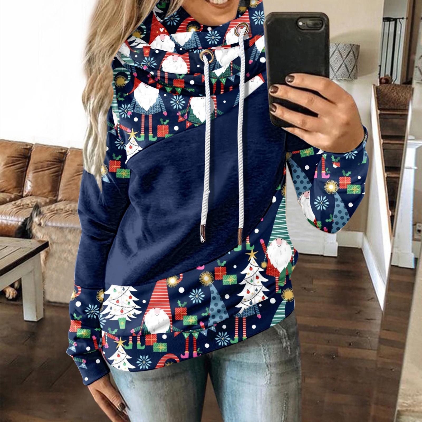 

Женская мода, повседневная свободная толстовка с капюшоном и шнурком с веселым принтом, длинными рукавами и карманами-кенгуру M тёмно-синий