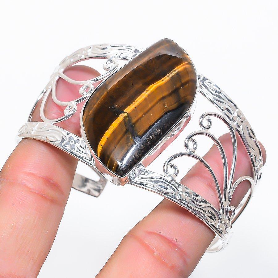 Natural Tiger Eye Gemstone 925 Sterling Silver Cuff Bangle Adjustable Q6V63