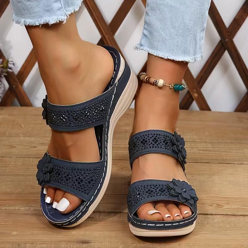 2025 Summer Women Slippers Plus Size Women's Shoes Retro Roman Sandals Women Pu Casual Flower Wedge Sandals Platform Slippers