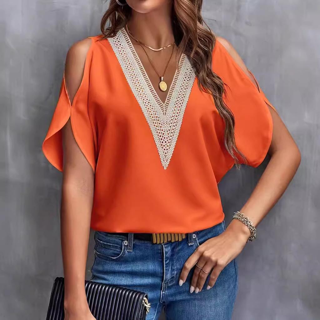 Haut en dentelle à col en V et couleur unie pour femme, printemps/été