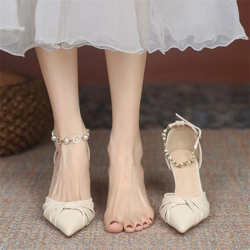 Temperament niche cm low heel thin heel bridesmaid high heel shoes women pearl with skirt small heel versatile
