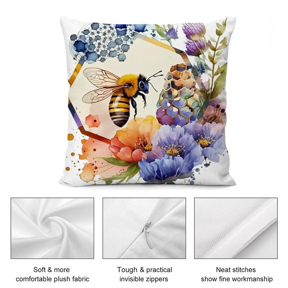 Watercolor beeflowers Cushion Cover Soft Plush Fabric DoubleSided Printed Cushion Covers for All Seasons Modern HomeDecor Gift