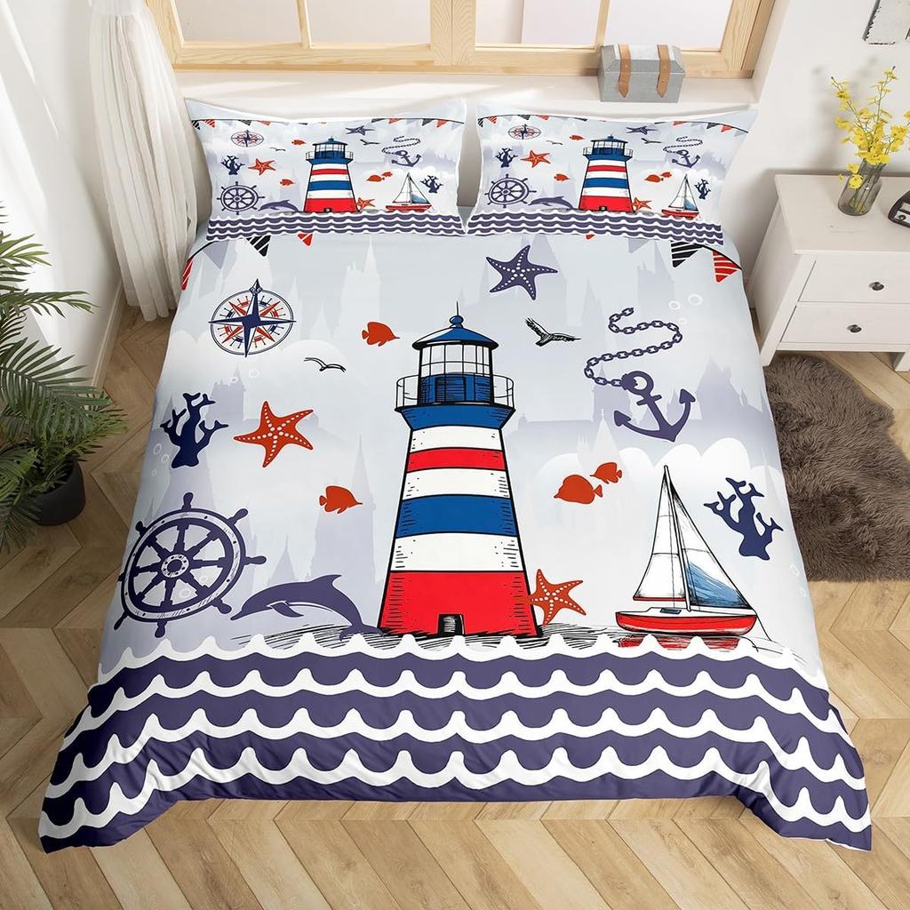Vintage Anchor Duvet Cover Twin King, Nautical Theme Bedding Set Sailing Boat Sea Turtle Bed Cover, Compass Starfish Quilt Cover