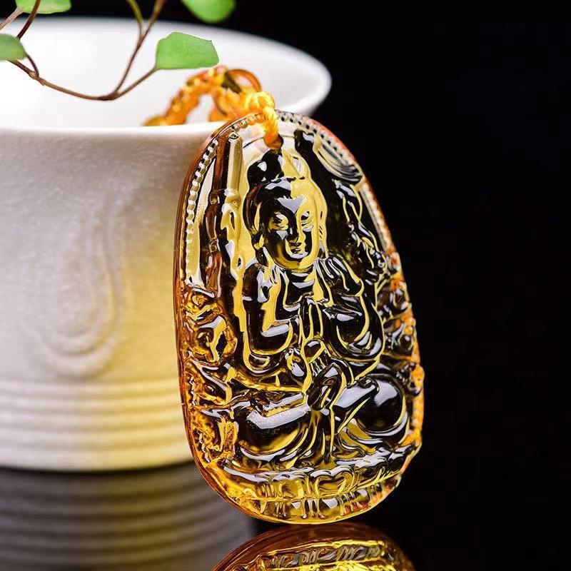 Yellow Crystal Necklace Long Sweater Chain Manjushri Pendant Amitabha Pendant Unisex Gift