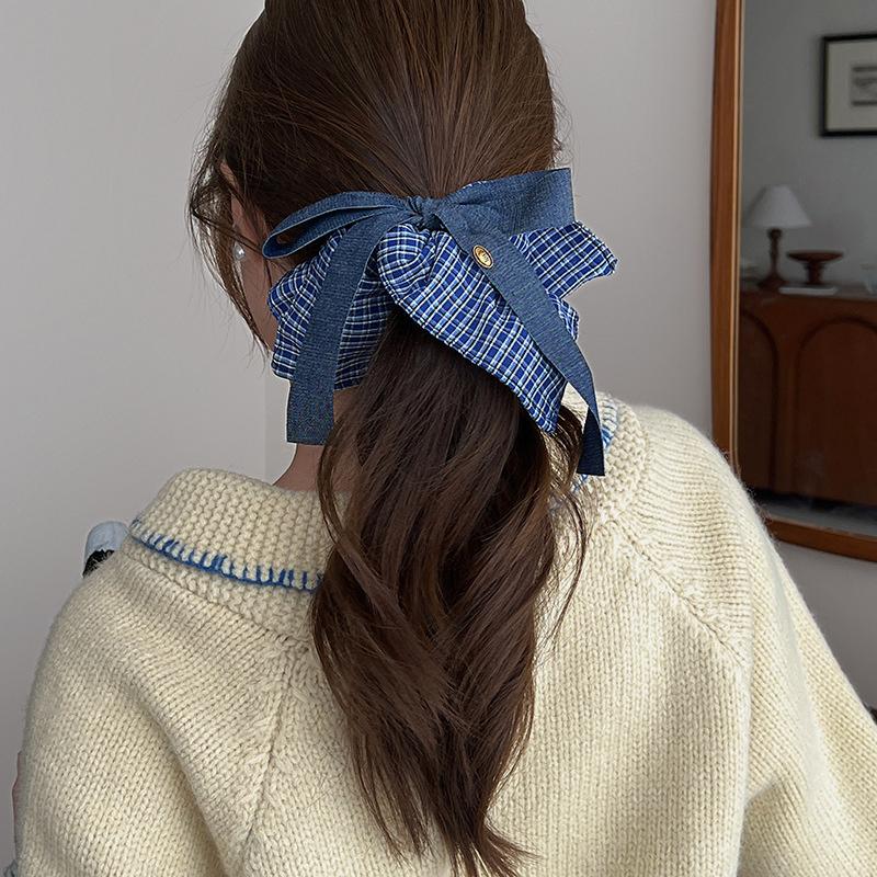 Haargummis mit großer Schleife im koreanischen Blue-Jeans-Stil für Damen, Haargummis mit unregelmäßigem Rand, Y2K-Haarbänder