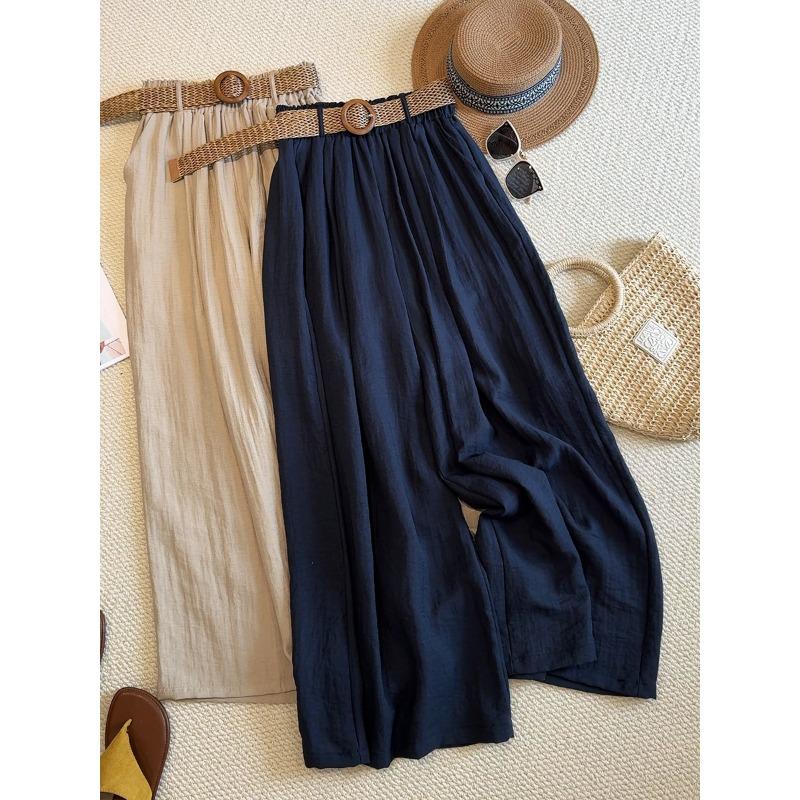 

Tencel linen wide-leg pants women s summer thin ice silk cotton and linen pants elastic loose and thin drape floor trousers skirt M темно-синий