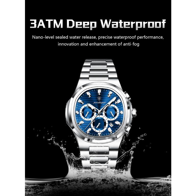 POEDAGAR Business Man Wristwatch Date Chronograph Waterproof Luminous Luxury Watch Stainless Steel Quartz Watches Male