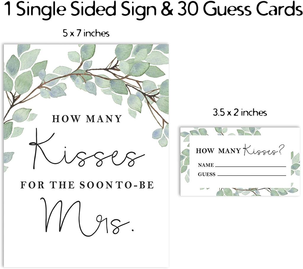 Inkdotpot How Many Kisses for The Soon to Be Mrs Greenery White Bridal Shower Game 1 Sign + 30 Cards