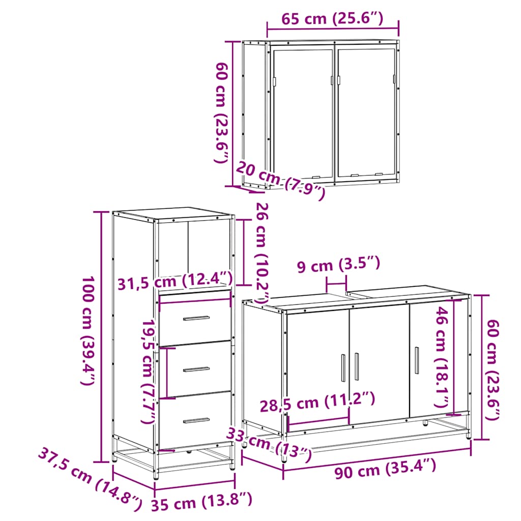 3 Piece Bathroom Furniture Set In Sonoma Oak Particleboard