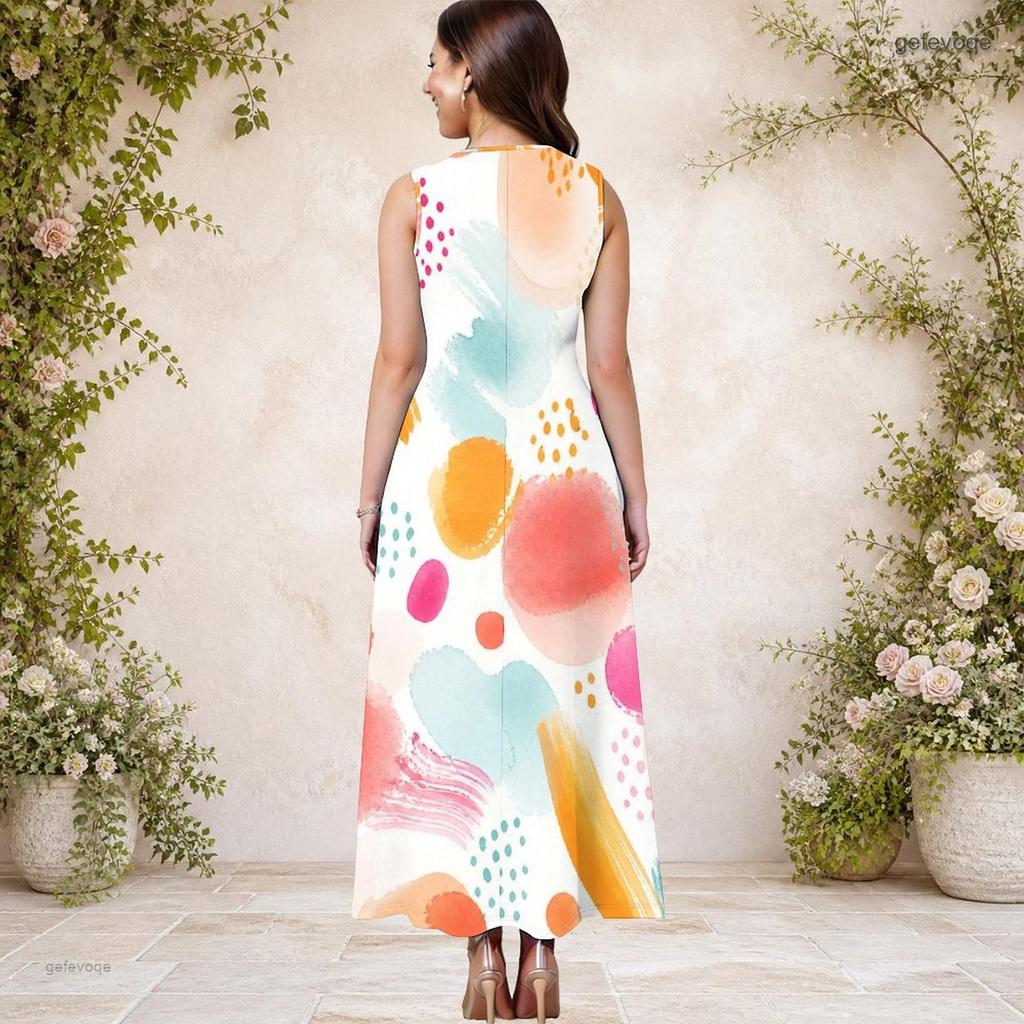 Women Plus Size Round Neck Sleeveless Printed A Line Long Dress With Side Pockets