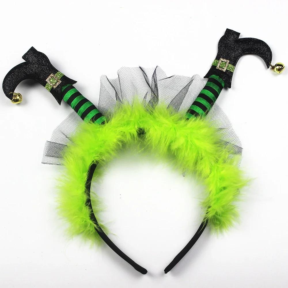 Halloween Witch Boot Headband Feather Tulle Hair Hoop with Bells Cosplay Party Costume Hair Accessories for Halloween Decoration