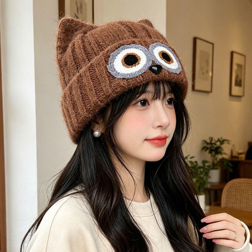 Knit Design Woolen Winter Cap Thick Material Plush Warm Hat Cute Owl Pattern Hat  Cartoon Themed