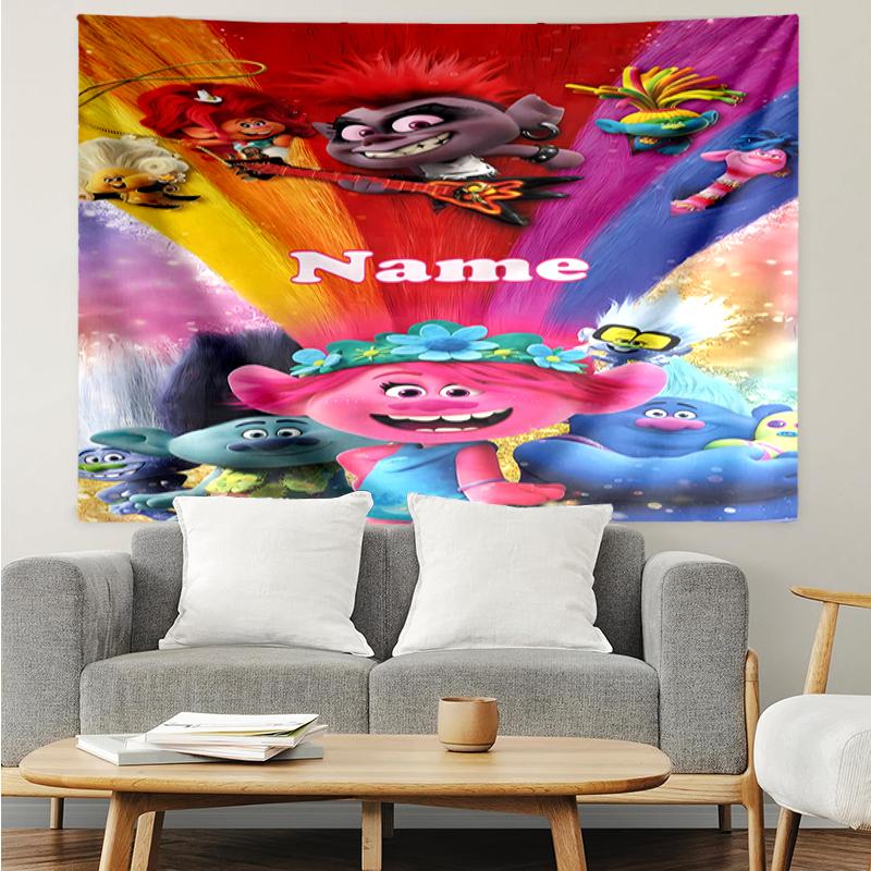 Custom Name Trolls Print Tapestry, Backdrop, Easy Setup, Ideal for Bedroom, Office & Living Room, with Aesthetic Wall Hanging Decor.