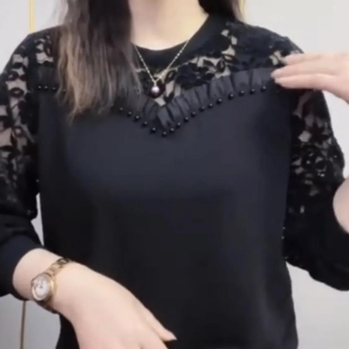 Женский весенне-осенний свитер однотонный с круглым вырезом и длинным рукавом, кружевной пэчворк, вышитые пуловеры 4XL чёрный