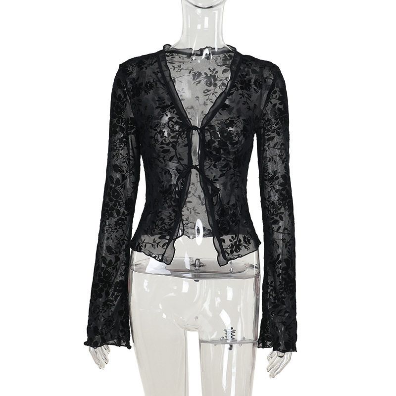 

Yl24467 Autumn 2024 New Fashion Chiffon Shirt, Elegant Slim-Fit Ruffled Bell-Sleeve Top for Women Black XS