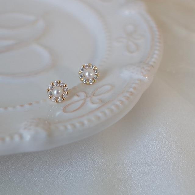 

925 пробы стерлингового серебра 14 карат корейский жемчуг циркон маленькие круглые бусины серьги-гвоздики женские креативные украшения для банкета золотой