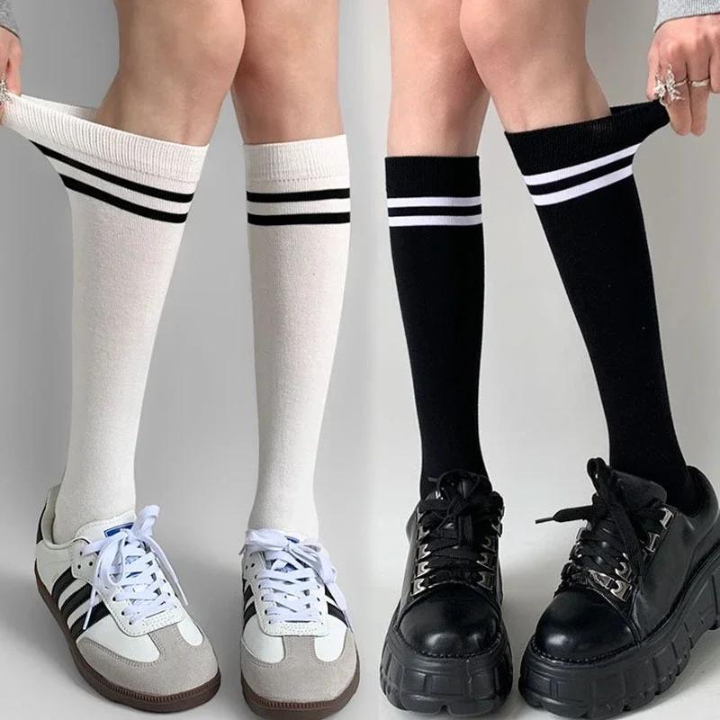 Japanese JK Striped Long Socks Women Girls Cotton Black White Knee High Stockings Students Cute Solid Color Long Tube Socks