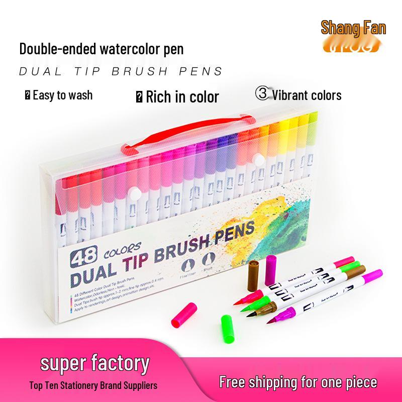 

Water-Based Dual-Tip Watercolor Pens for Kids - Art Brush and Outline Marker Set 12 Colors PP Box