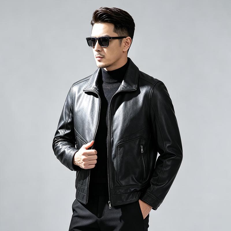 Men's Sheepskin Lapel Biker Leather Jacket