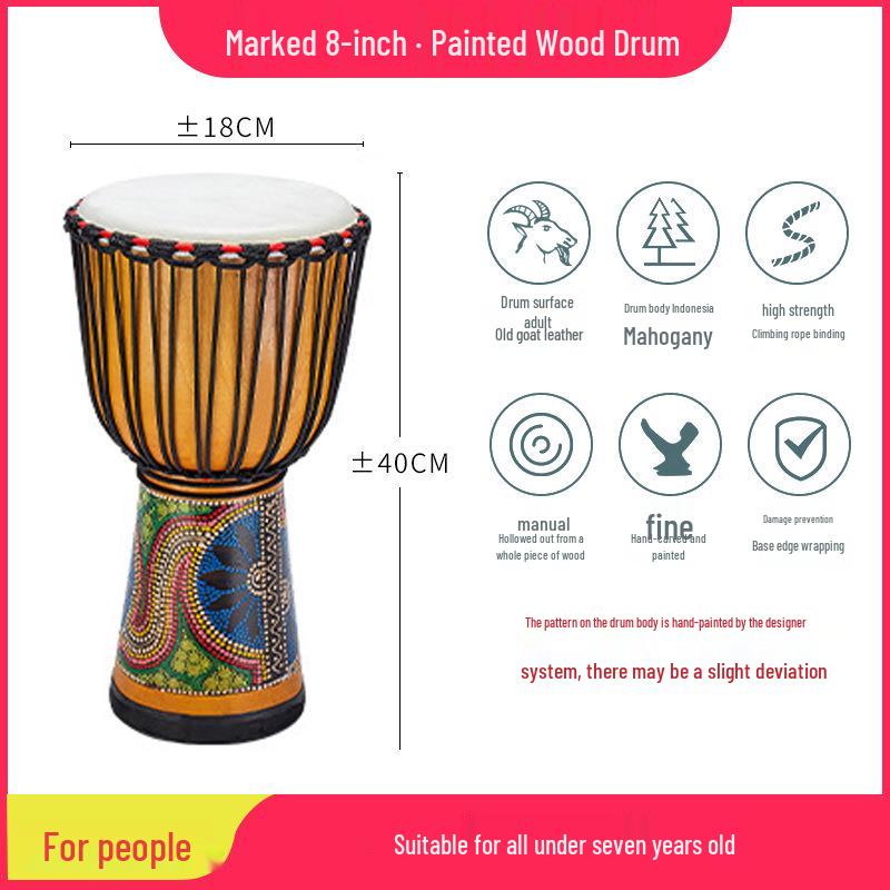 8-Inch Beginner African Drum with Goat Skin for Kindergarten Practice, Indonesia Painted Percussion.