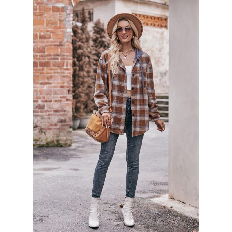 Women Oversized Plaid Flannel Hooded Long Sleeve Casual Shirt Jacket