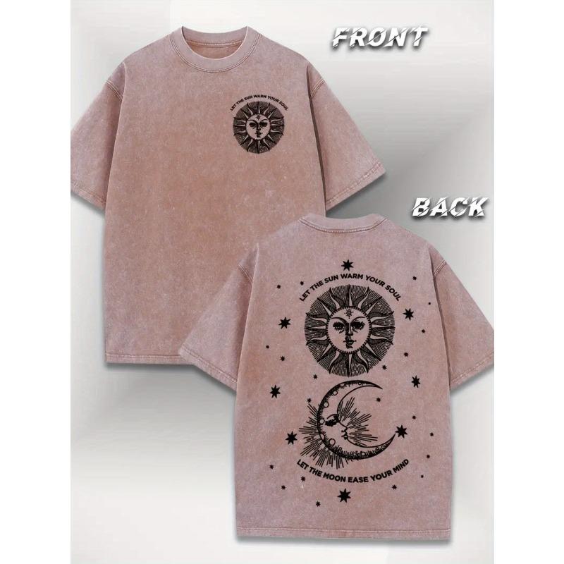 European Size Men's Vintage Washed Cotton, Oversized Loose Fit, Unique Sun and Moon Pattern Print, Casual Fashion Suitable for Casual Wear