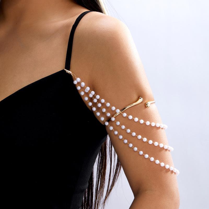 Boho Imitation Pearl Multi Layer Body Chain Beaded Shoulder Chain for Women Beach Vacation Daily Wear Jewelry
