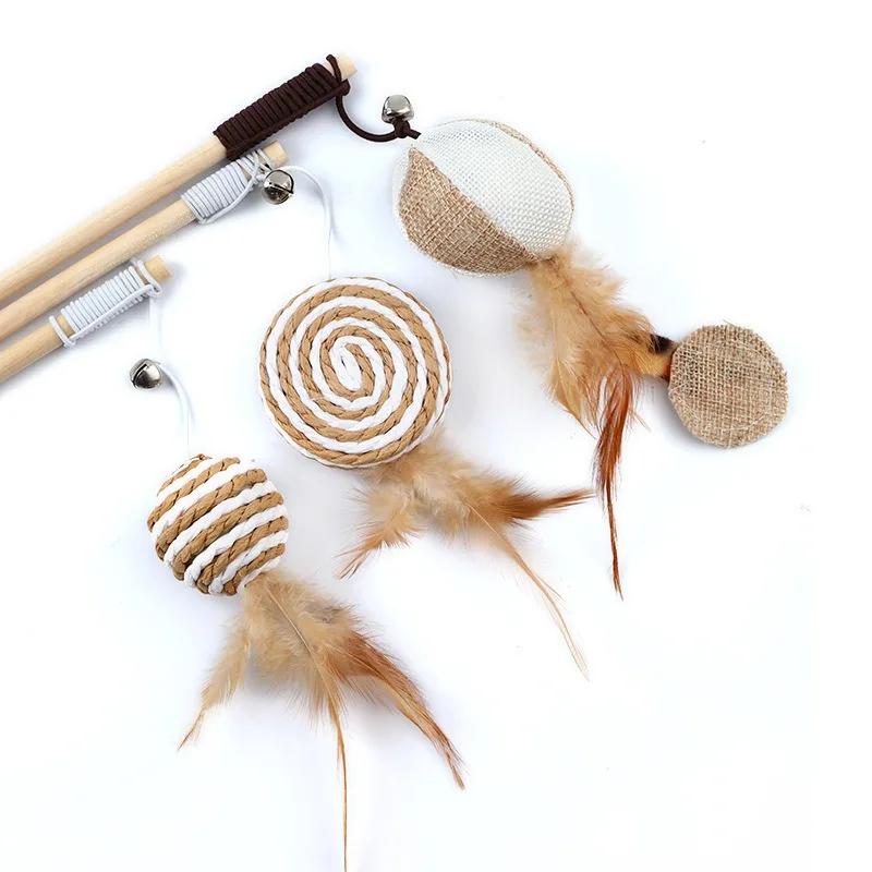 Interactive Cat Feather Teaser Toy Wooden Wand Stick with Linen Mouse for Kitten Play Pet Supplies