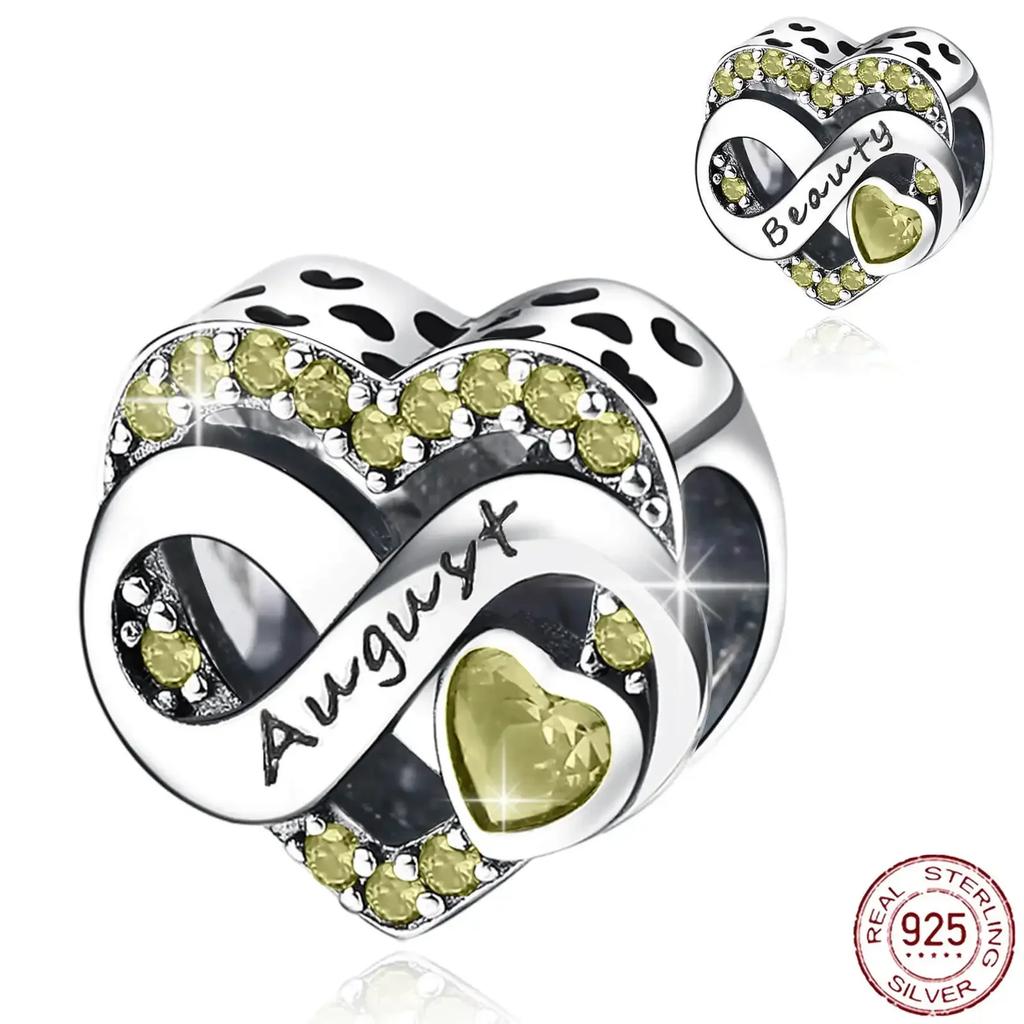 925  Silver January-December Birthday Stone Love Zircon Pendant Bead Fit Charms Necklace Bracelet Women Jewelry DIY Gift