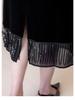 Endi Retro Elegant Black Velvet Skirt with Fringe Sequins, Slit Design for Women, 2025 Autumn Collection.