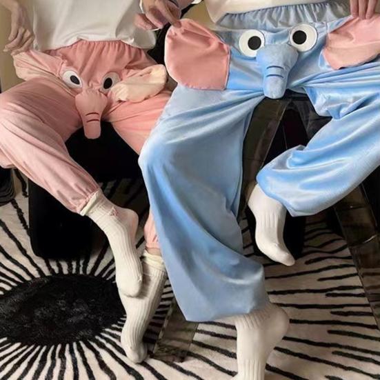 Karikatür Fil Desenli Pijama Pantolon Geniş Paça Tasarım Kadın Erkek Rahat Pantolon Elastik Bel Orta Bel Pijama Altı