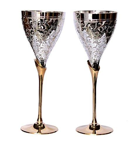 StonKraft Graviertes Versilbertes Reines Messing Premium Kelch Champagnerflöte Coupe Weinglas Set